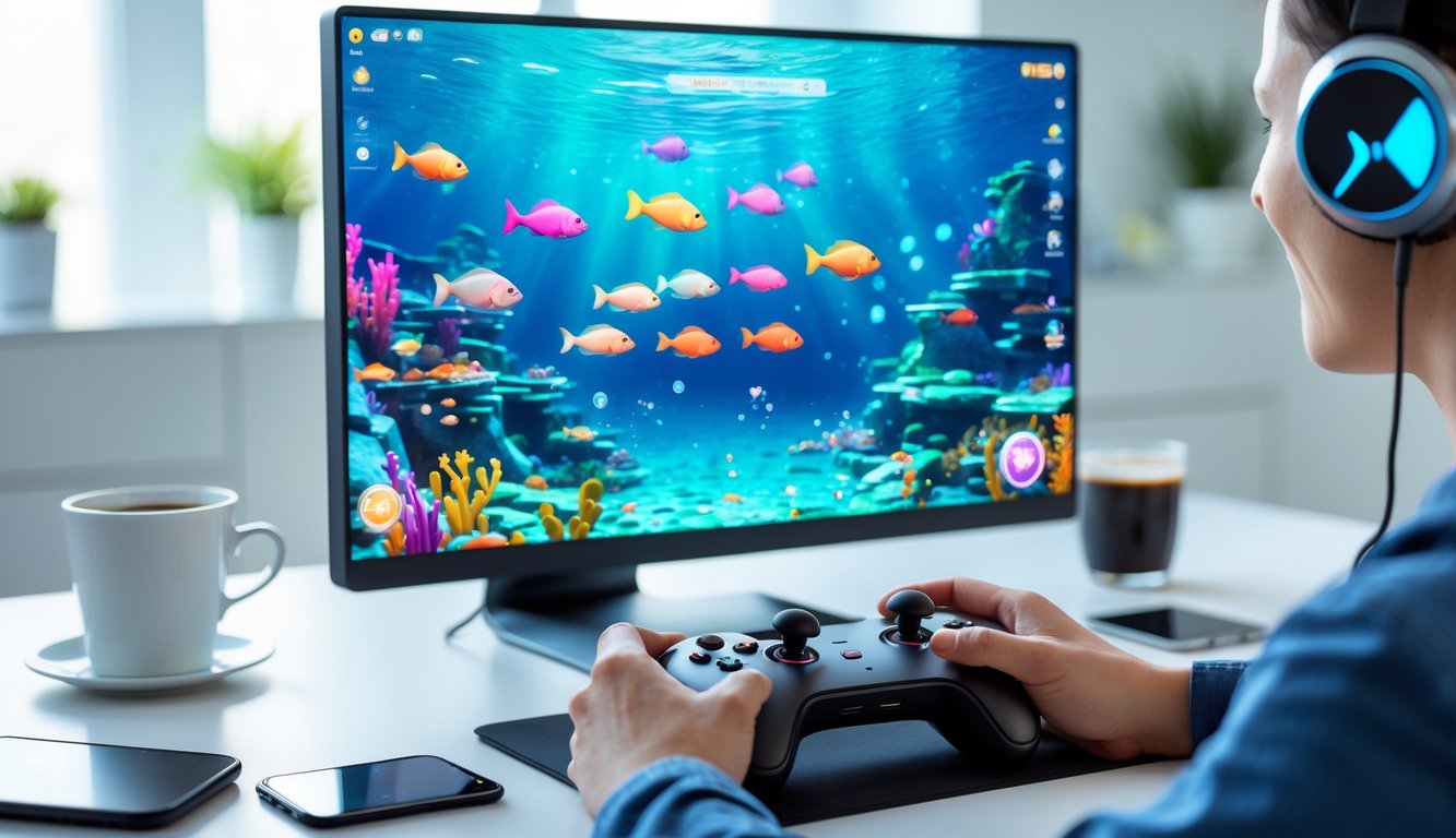 Seseorang bermain game tembak ikan online di komputer dengan layar menampilkan ikan-ikan berwarna-warni di laut digital.