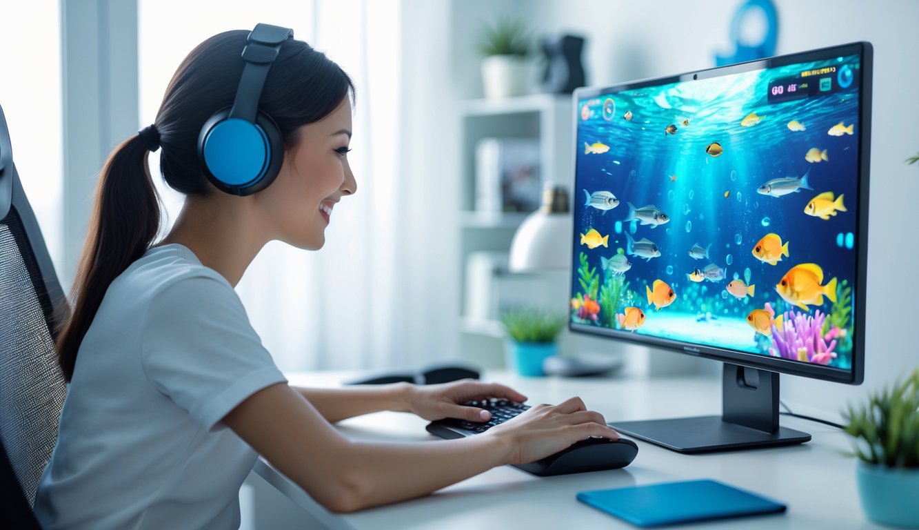 Seseorang sedang bermain permainan tembak ikan online di komputer dengan latar ruangan yang rapi dan dekorasi bertema laut.