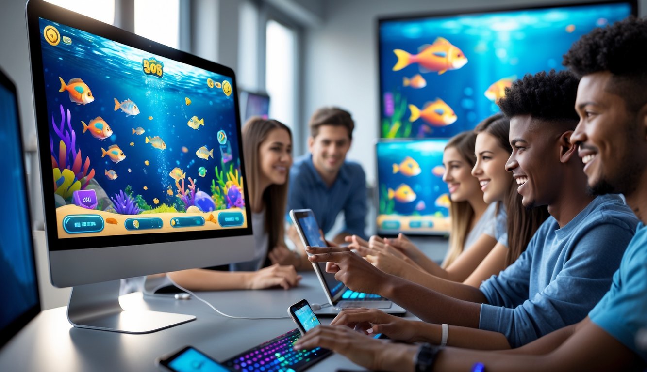 Beberapa orang muda sedang bermain permainan tembak ikan di layar komputer dan perangkat digital di ruangan modern yang terang.