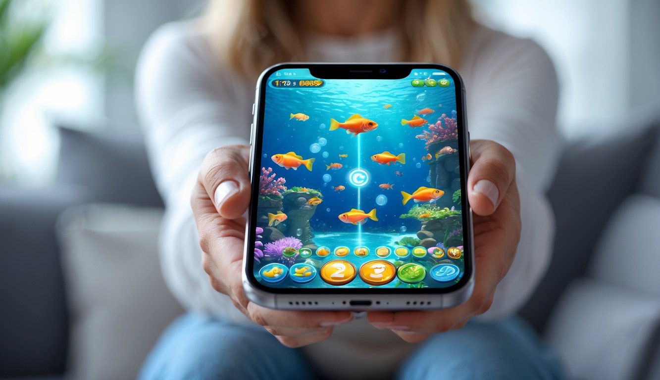 Seseorang memegang ponsel dengan tampilan permainan tembak ikan online yang menampilkan ikan berwarna-warni di layar.