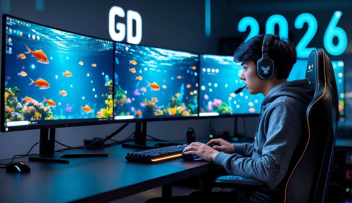 Seorang gamer muda duduk di depan beberapa monitor yang menampilkan permainan tembak ikan online dengan latar bawah laut berwarna-warni.