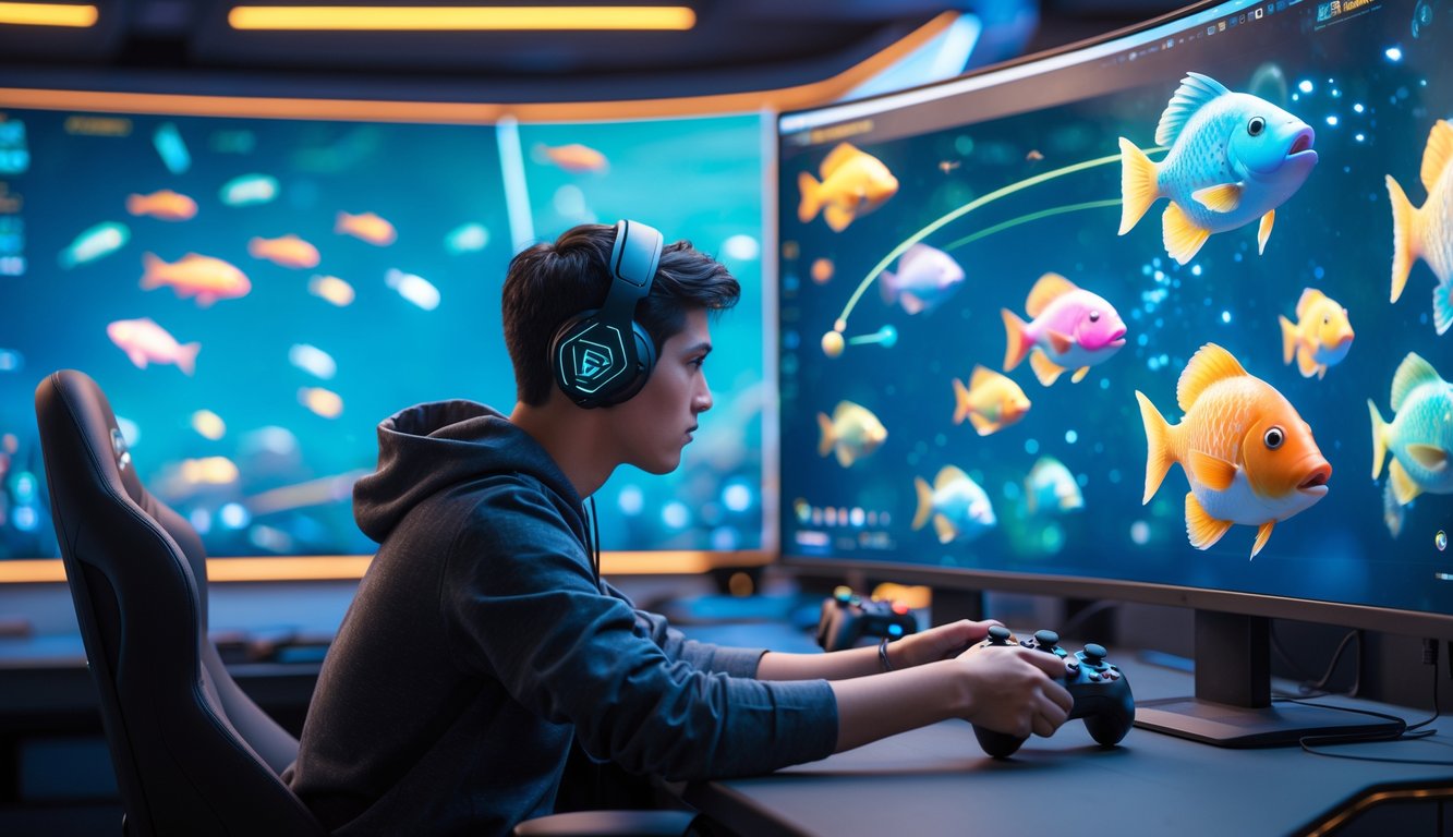 Seorang pemain muda sedang fokus bermain game tembak ikan online dengan latar belakang visual bawah laut yang penuh ikan berwarna-warni di layar komputer.
