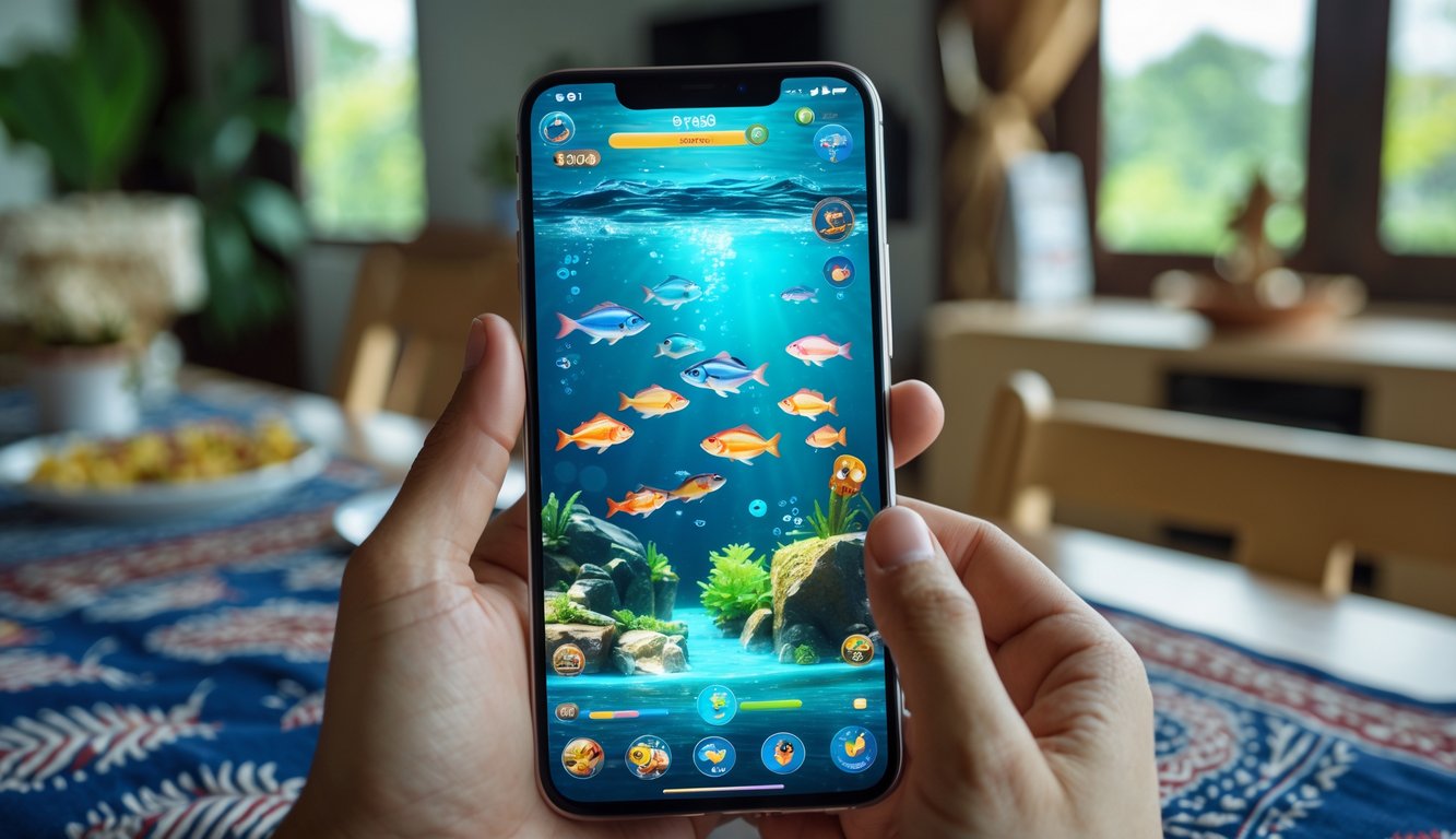 Seseorang memegang ponsel yang menampilkan permainan ikan digital dengan latar rumah yang nyaman.