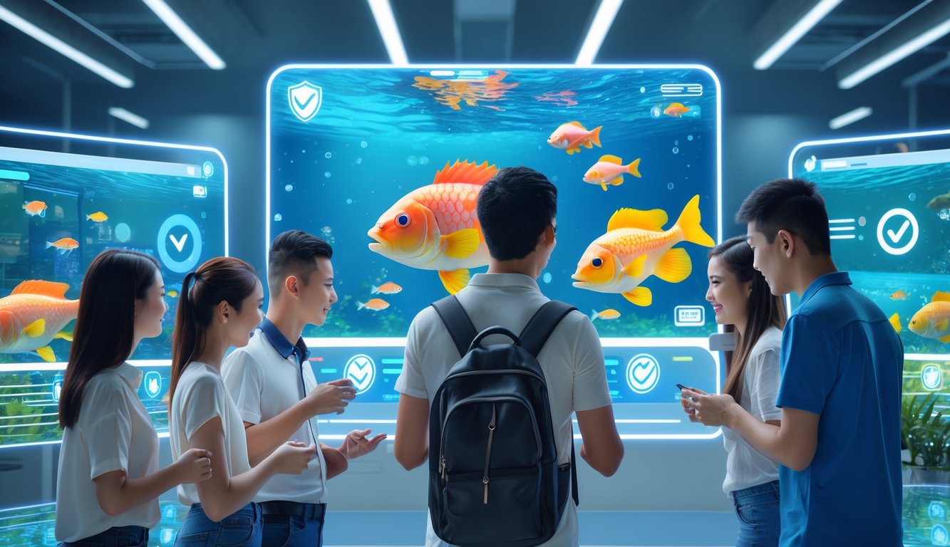 Sekelompok orang muda sedang berinteraksi dengan layar digital yang menampilkan permainan ikan berwarna-warni dan ikon keamanan di latar belakang.