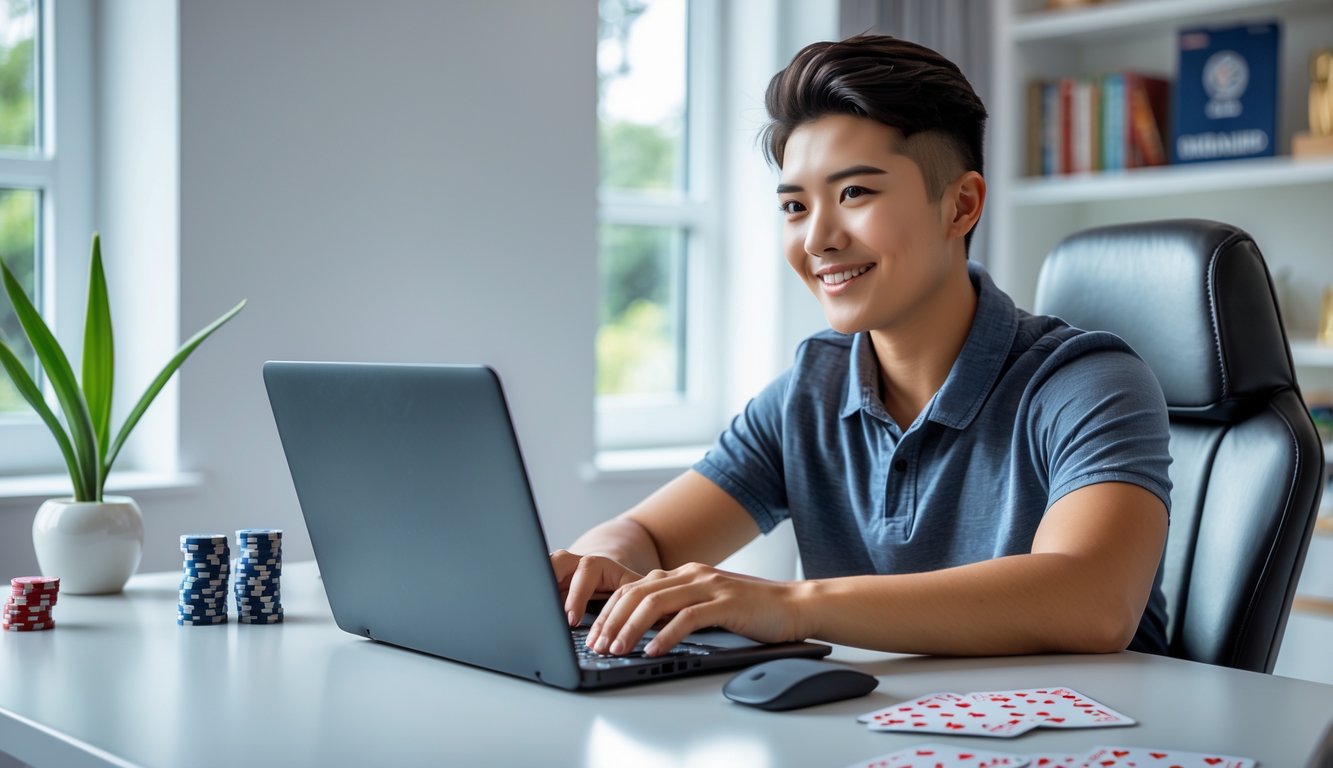 Seseorang muda duduk di meja dengan laptop, bermain permainan online Ceme dengan suasana ruangan yang terang dan nyaman.