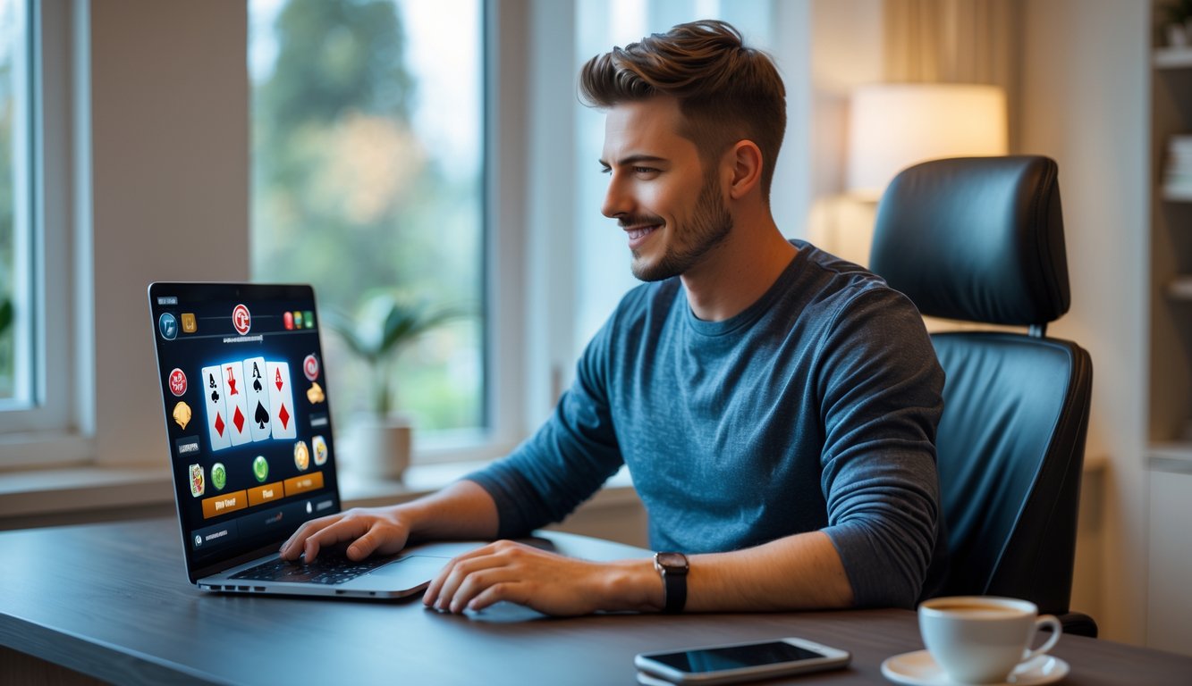 Seorang pria muda duduk di meja dengan laptop yang menampilkan permainan kartu online, di ruang kerja rumah yang terang dan nyaman.