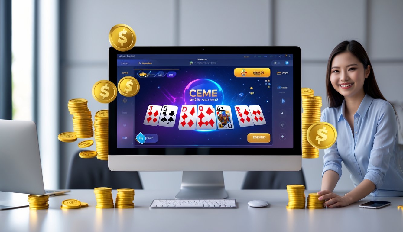 Seorang pemain muda yang terlihat senang sedang bermain permainan kartu online di depan komputer di ruang kerja yang rapi dan terang.