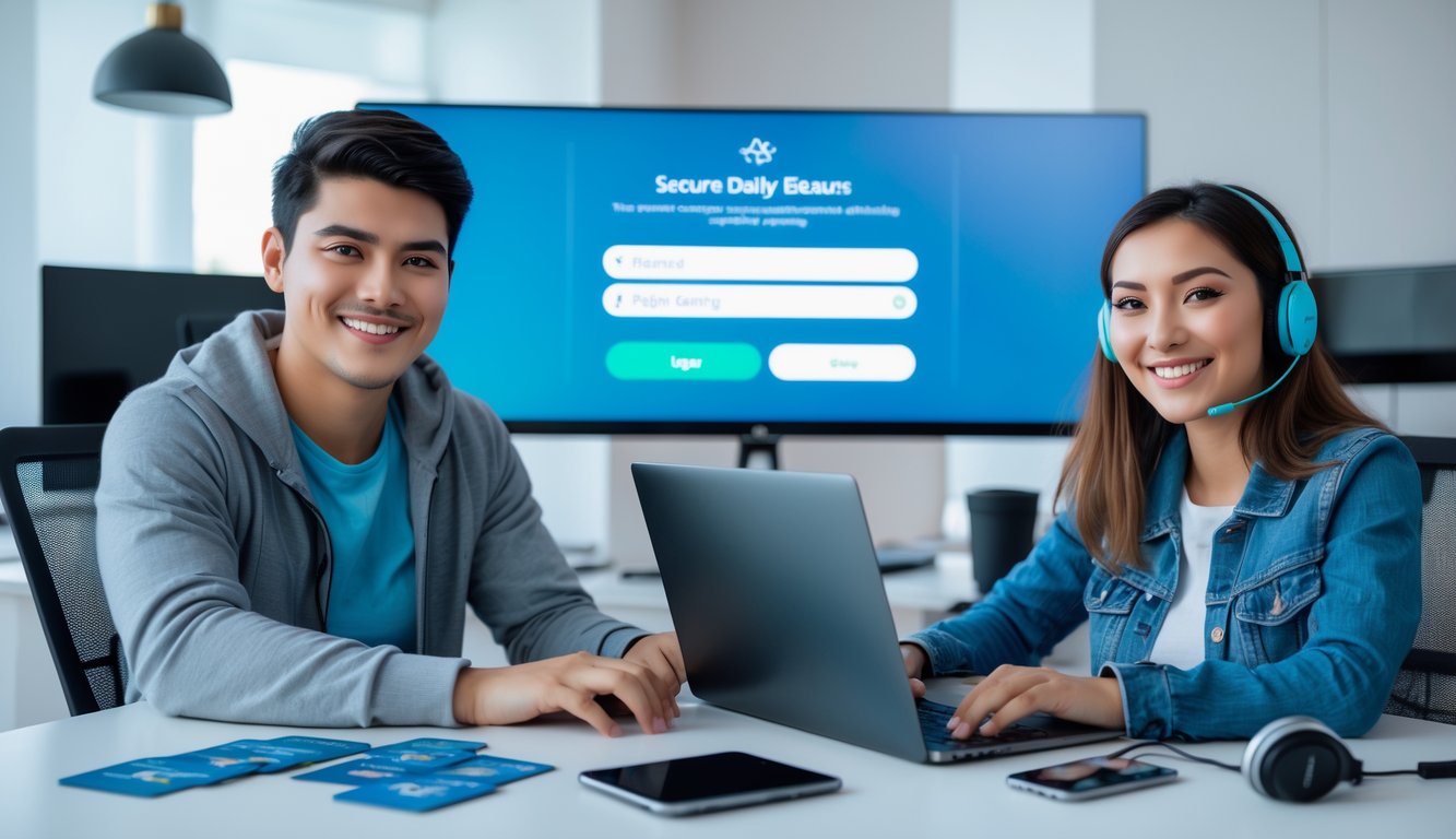 Dua orang muda duduk di meja modern menggunakan laptop, terlihat fokus dan senang bermain game online di ruang kerja yang terang dan rapi.