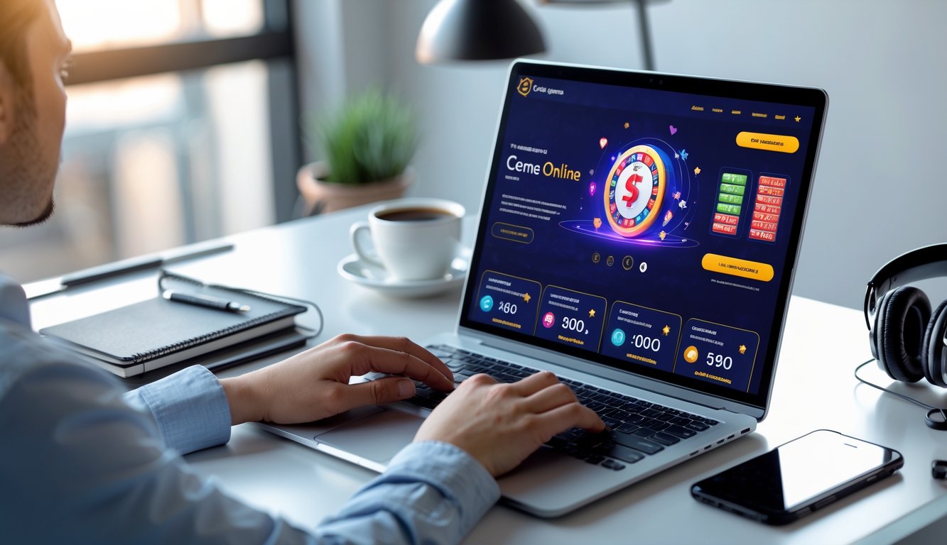 Seseorang menggunakan laptop di meja kerja dengan tampilan situs judi online di layar, di sekitar meja terdapat alat tulis dan secangkir kopi.