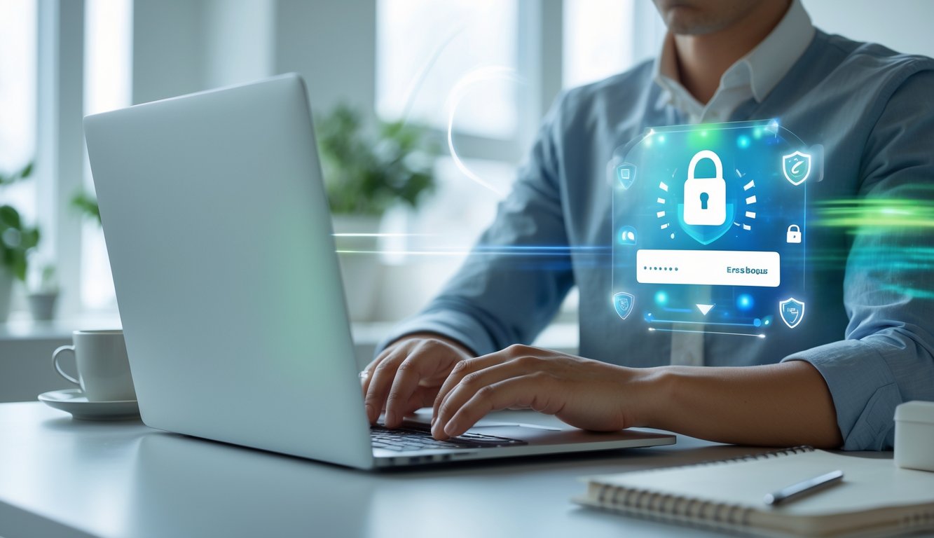 Seseorang menggunakan laptop di ruang kerja yang terang dan rapi, menampilkan suasana login online yang aman dan cepat dengan nuansa bonus besar untuk anggota baru.