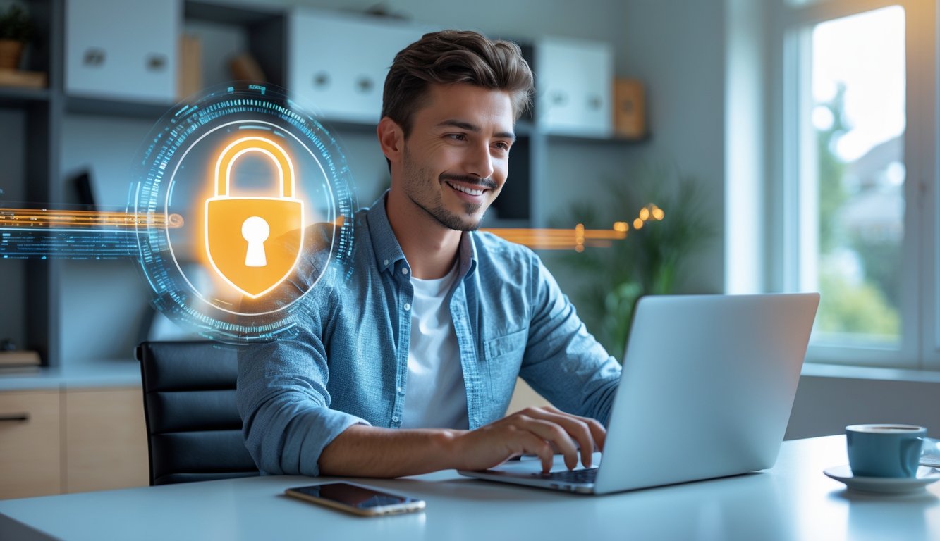 Seorang pria muda menggunakan laptop di ruang kerja rumah yang terang dan rapi, menunjukkan suasana aman dan cepat saat login ke platform online.