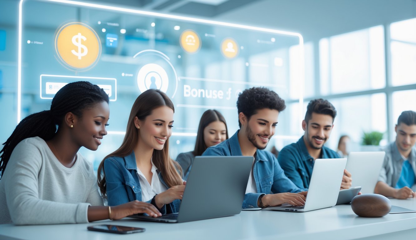 Beberapa orang muda menggunakan laptop dan ponsel di ruang kerja modern untuk mendaftar dan masuk ke layanan online dengan suasana yang cerah dan profesional.