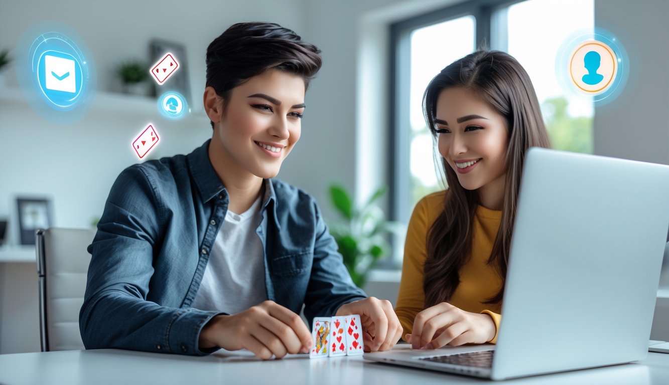 Dua orang dewasa muda sedang bermain permainan kartu online di laptop di ruang kerja modern yang terang dan nyaman.