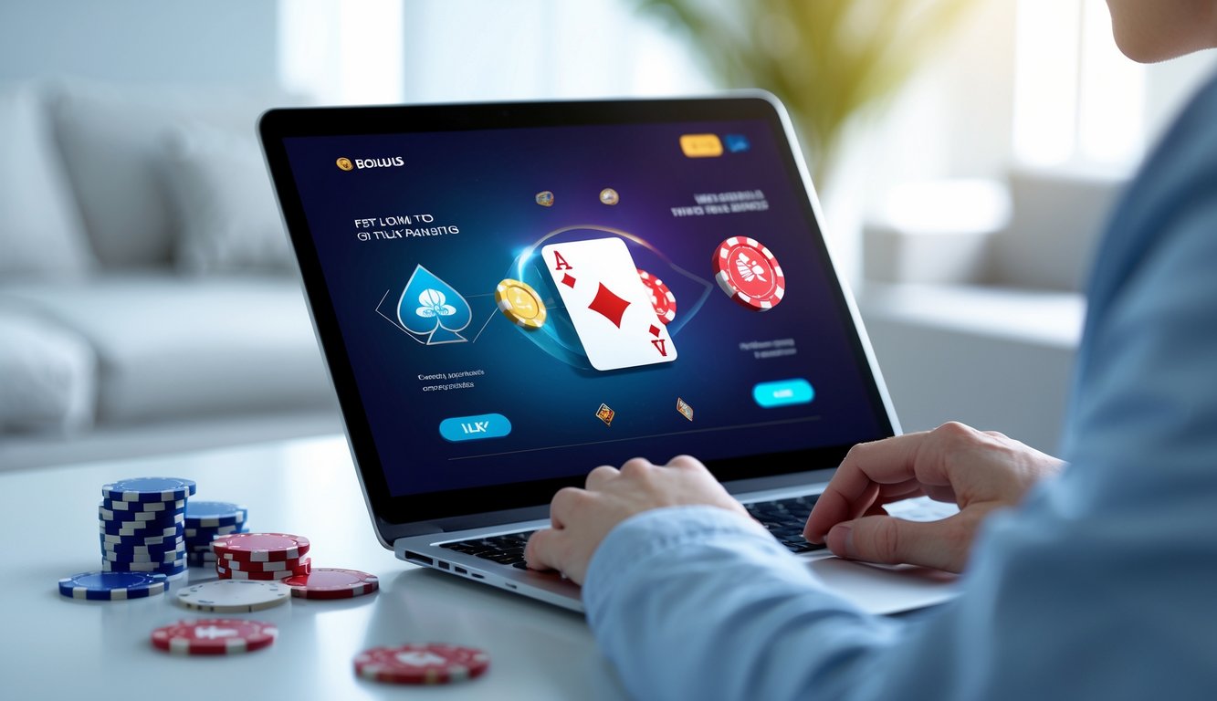 Seseorang menggunakan laptop atau ponsel untuk bermain game kartu online di ruang yang nyaman.
