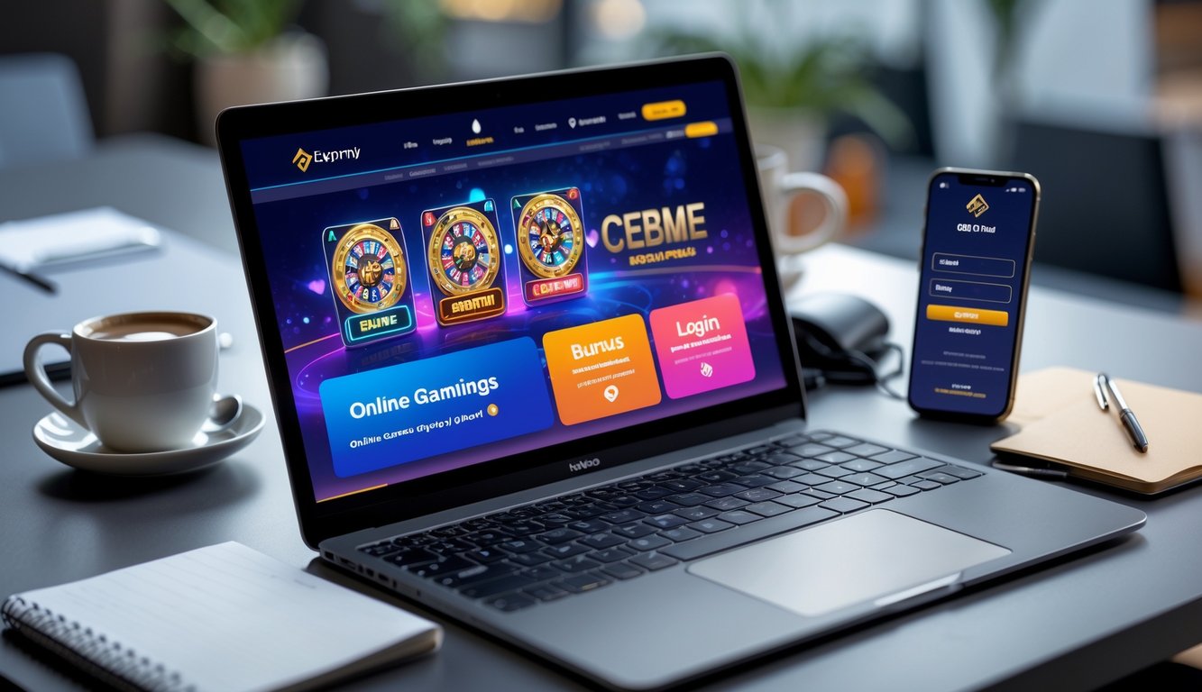 Meja kerja dengan laptop dan ponsel yang menampilkan situs permainan online, dengan suasana nyaman dan profesional.