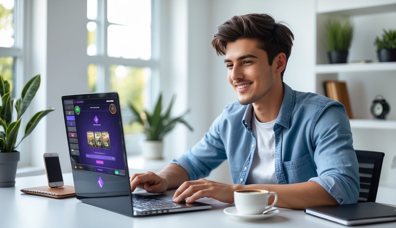 Seorang pria muda duduk di meja dengan laptop, tampak fokus dan santai sedang bermain permainan kartu online di ruangan rumah yang terang dan rapi.