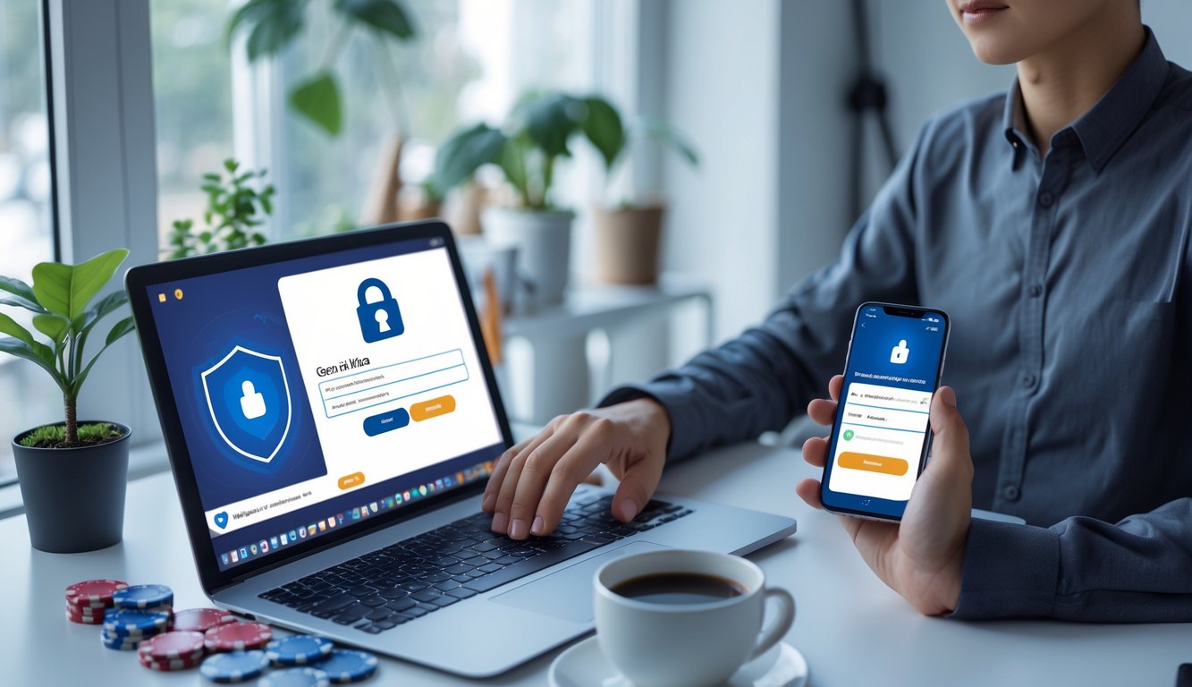 Seorang dewasa muda sedang duduk di meja dengan laptop dan ponsel, melakukan login aman untuk permainan Ceme Online di ruang kerja rumah yang rapi.