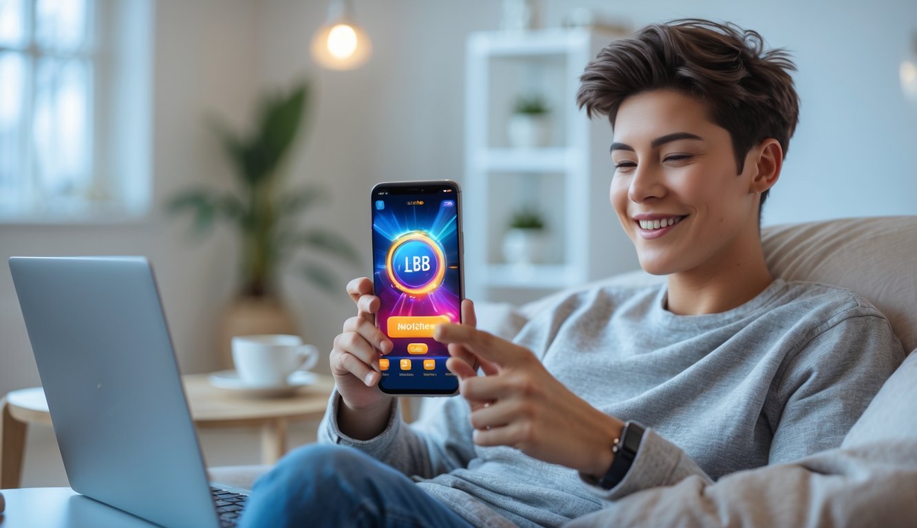 Seorang dewasa muda menggunakan ponsel pintar di ruangan yang nyaman, terlihat fokus dan senang saat mengakses platform permainan online.