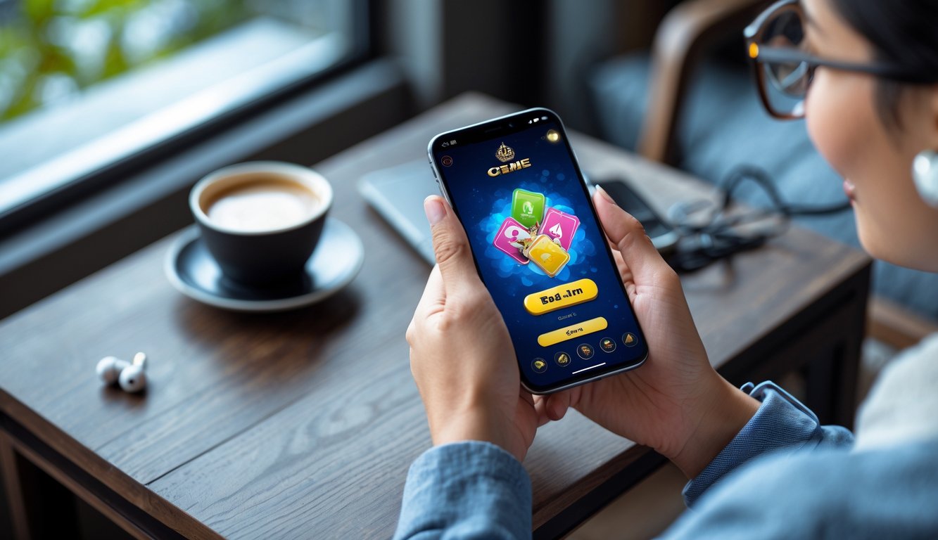 Seorang pengguna memegang ponsel pintar dan tersenyum saat bermain permainan kartu online Ceme di dalam ruangan yang nyaman.
