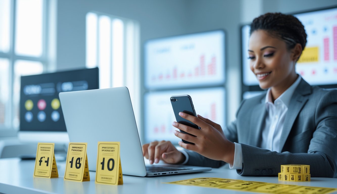 Seseorang yang percaya diri menggunakan laptop di kantor modern dengan elemen tiket lotere dan simbol pembayaran digital di meja.