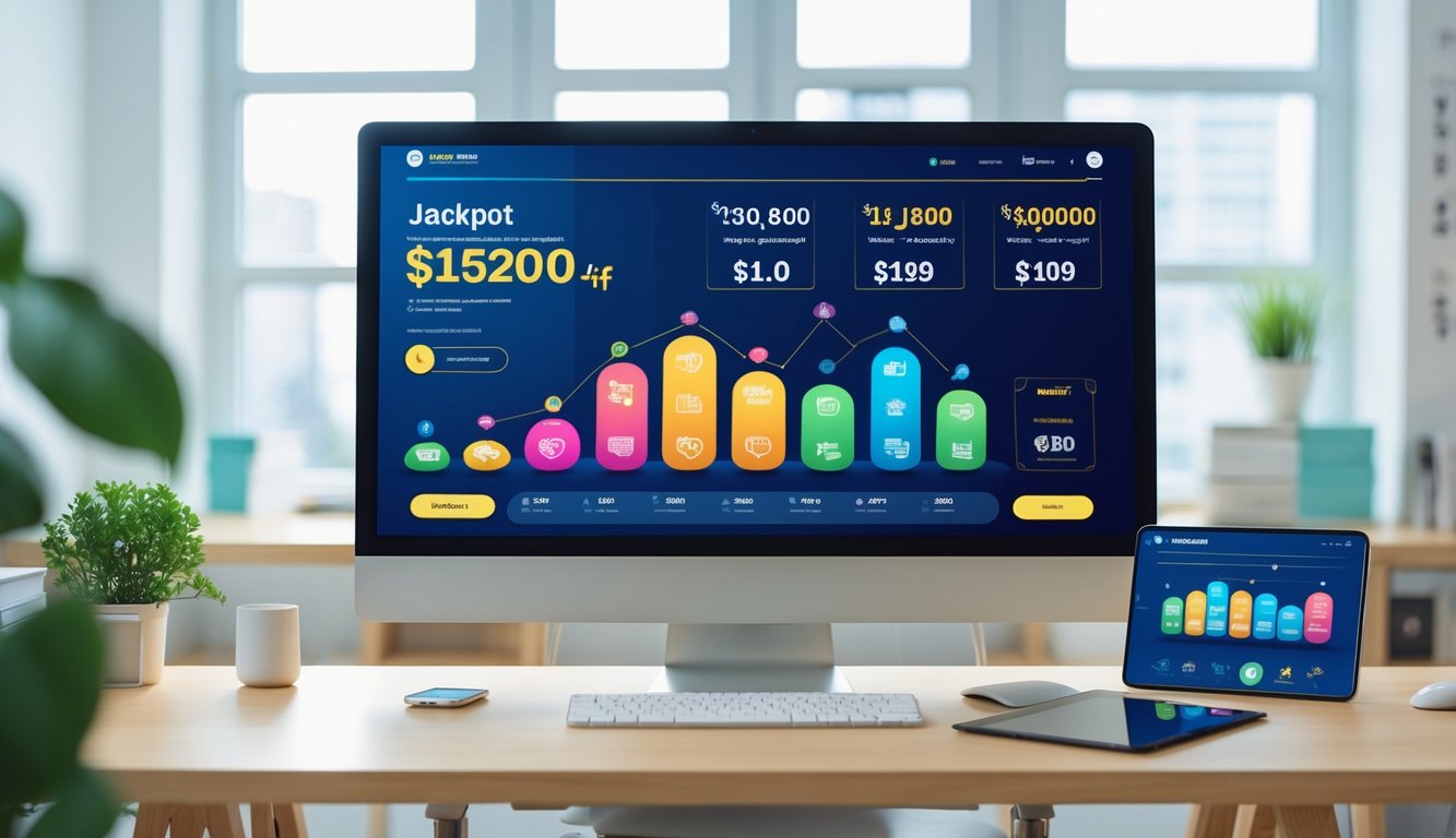 Sebuah meja kantor modern dengan monitor komputer menampilkan grafik jackpot dan diskon pada platform togel online resmi.