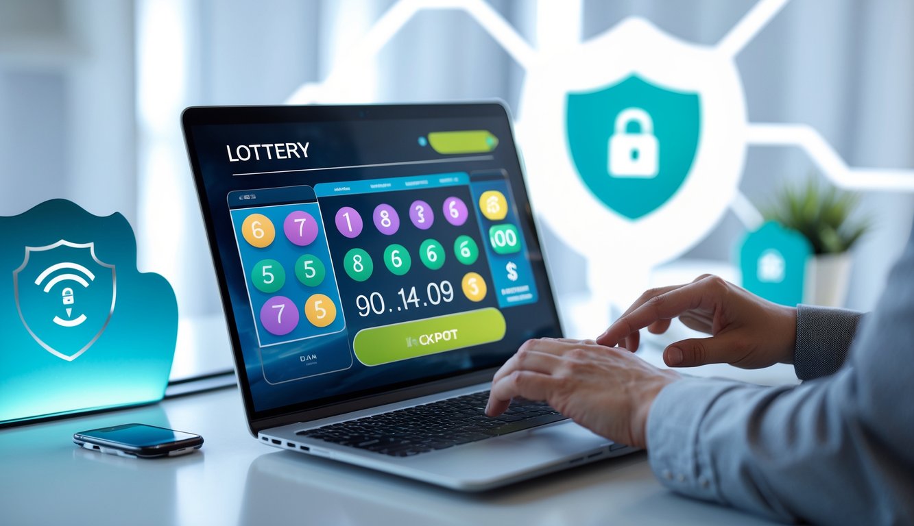 Seseorang menggunakan laptop dengan tampilan antarmuka lotere online di meja kerja yang terang dan modern.