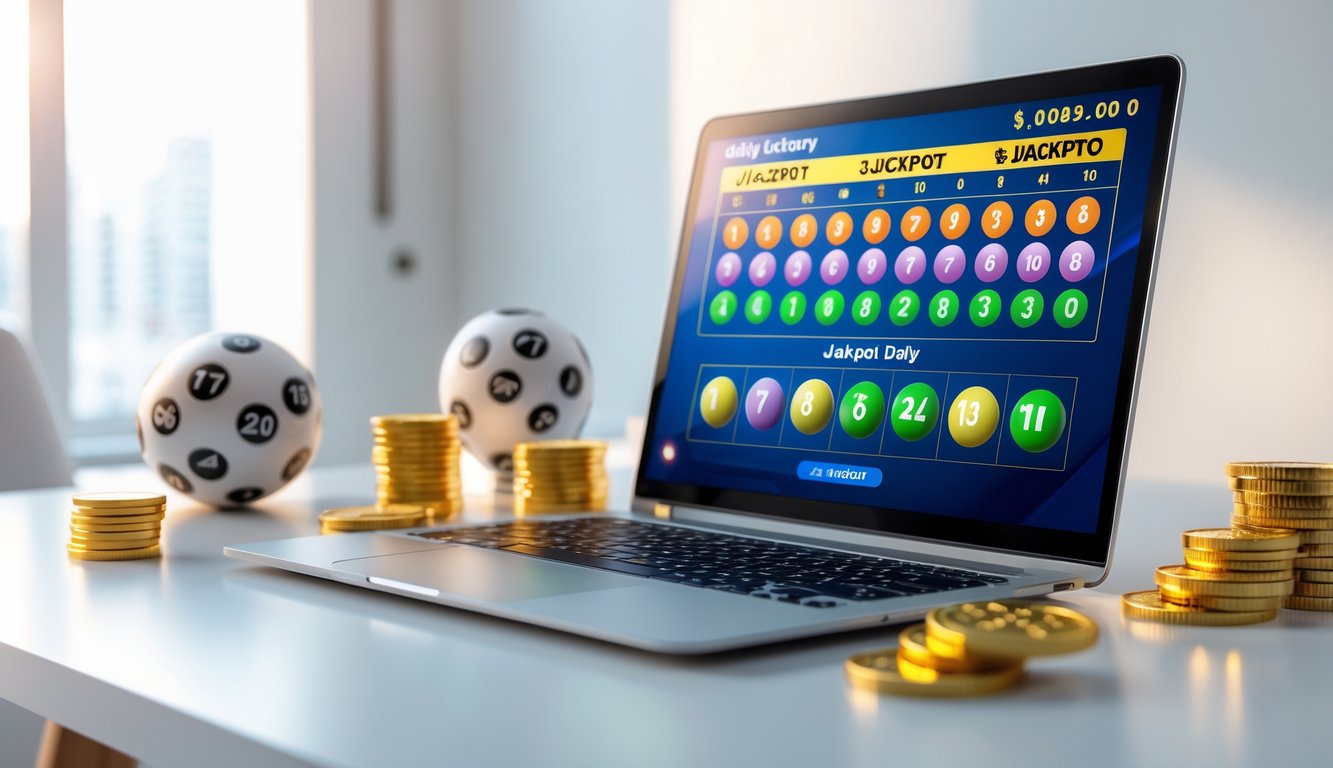 Seorang pria duduk di depan laptop dengan layar menampilkan angka lotere dan koin emas di meja, menggambarkan suasana menang jackpot dalam permainan togel online.
