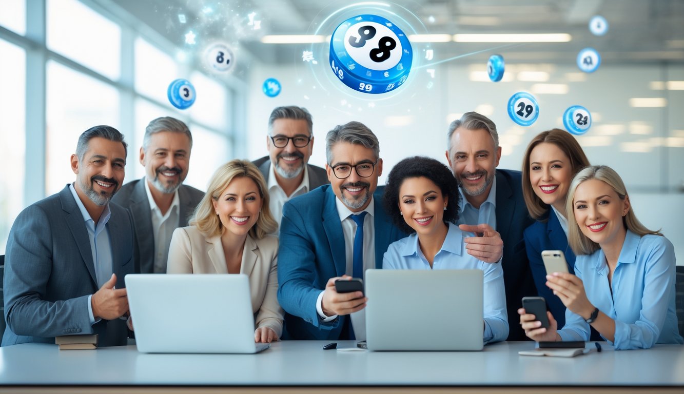 Sekelompok orang dewasa yang bahagia menggunakan komputer dan ponsel untuk bermain togel online di lingkungan kantor yang terang dan modern.