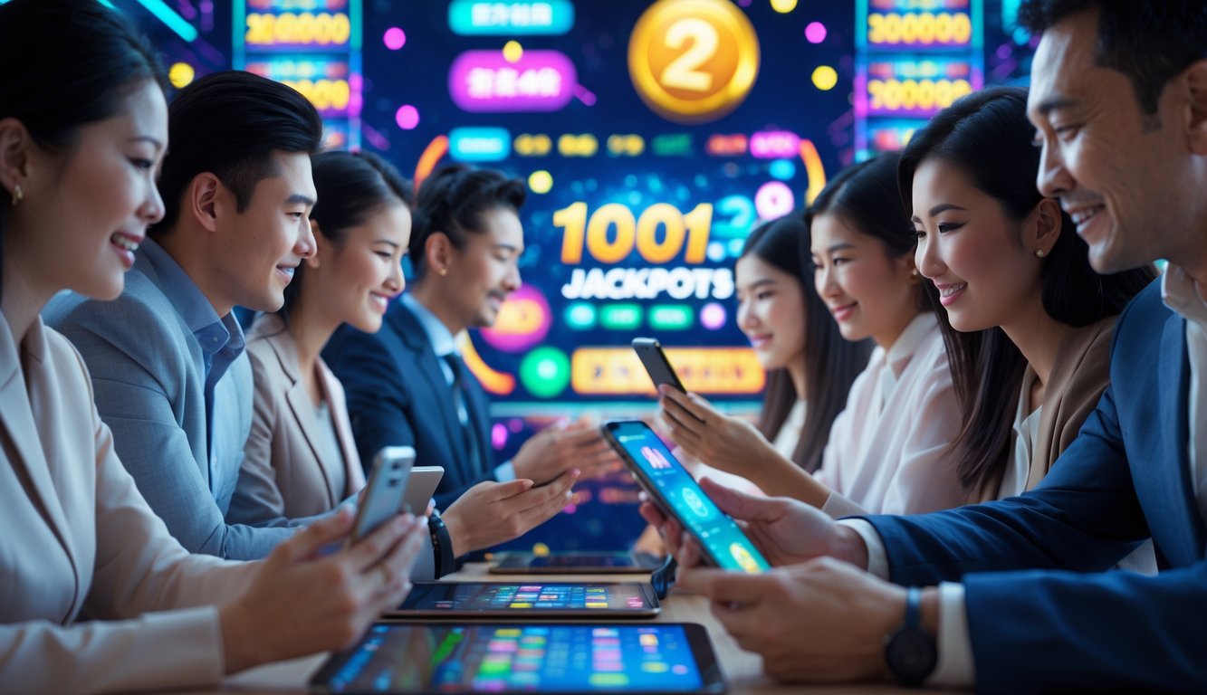 Beberapa orang Asia menggunakan perangkat digital untuk bermain togel online dengan suasana penuh semangat dan antisipasi.
