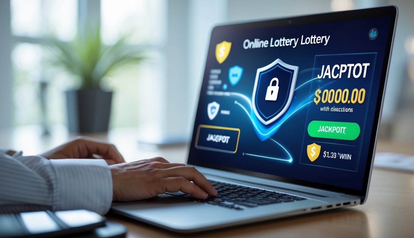 Seseorang menggunakan laptop di kantor rumah dengan tampilan situs togel online yang aman dan terpercaya, menunjukkan jackpot besar tanpa potongan.