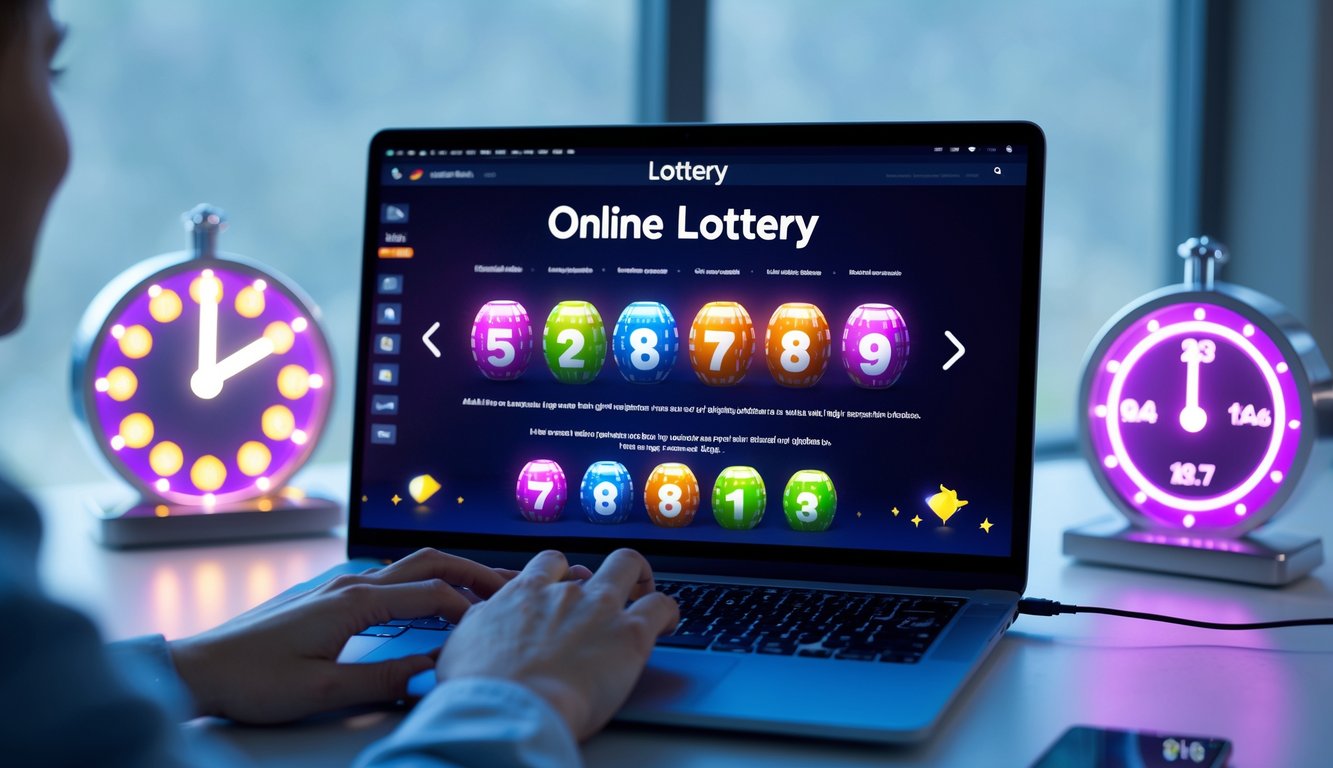Sebuah komputer dengan tampilan situs togel online yang menampilkan angka jackpot dan berbagai pilihan pasaran, dengan suasana ruang kerja yang terang dan modern.