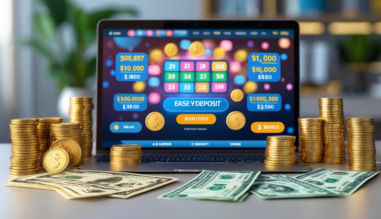 Seorang pengguna sedang melihat layar laptop yang menampilkan situs togel online dengan uang dan koin emas di meja di sekitarnya.