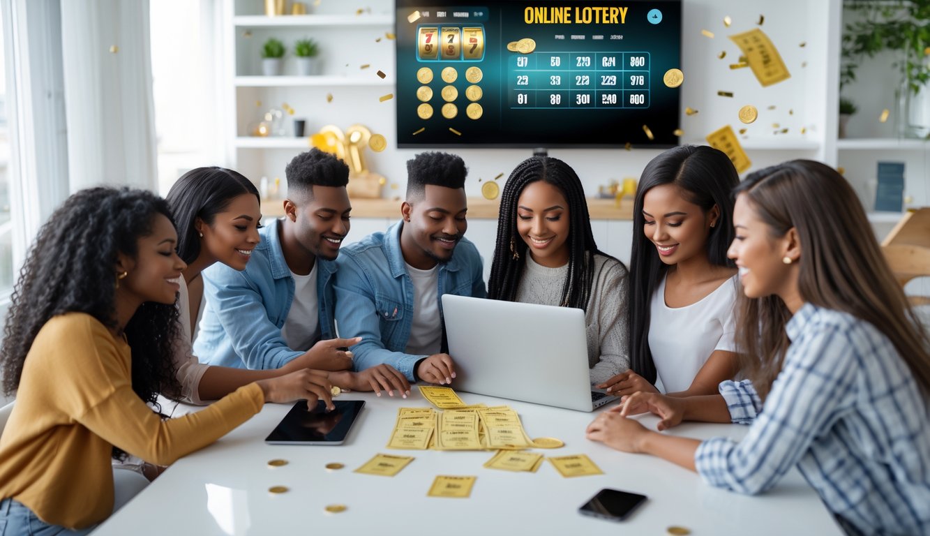Beberapa orang muda sedang menggunakan laptop dan ponsel untuk bermain togel online di ruangan yang terang dan nyaman.