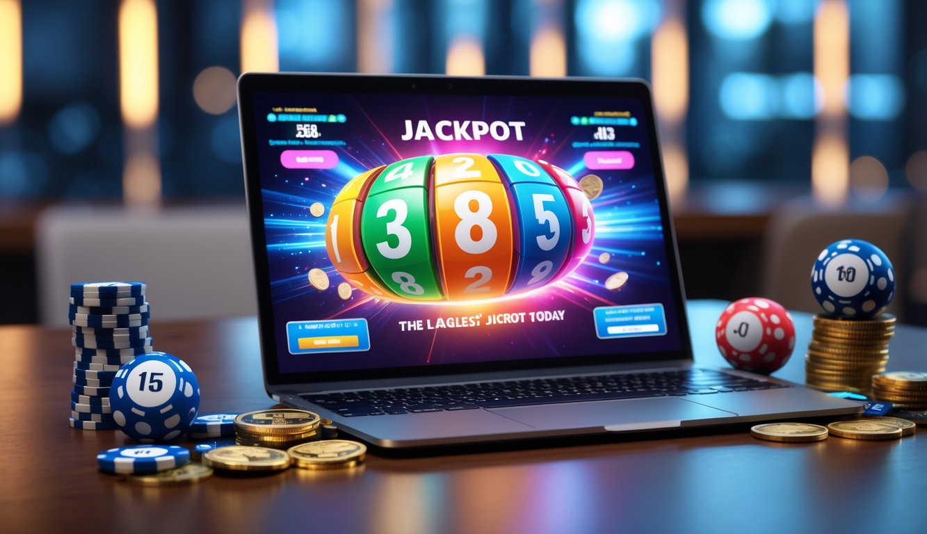 Seorang pengguna laptop di meja kerja dengan tampilan layar jackpot besar dan beberapa chip poker serta koin emas di sekitar.