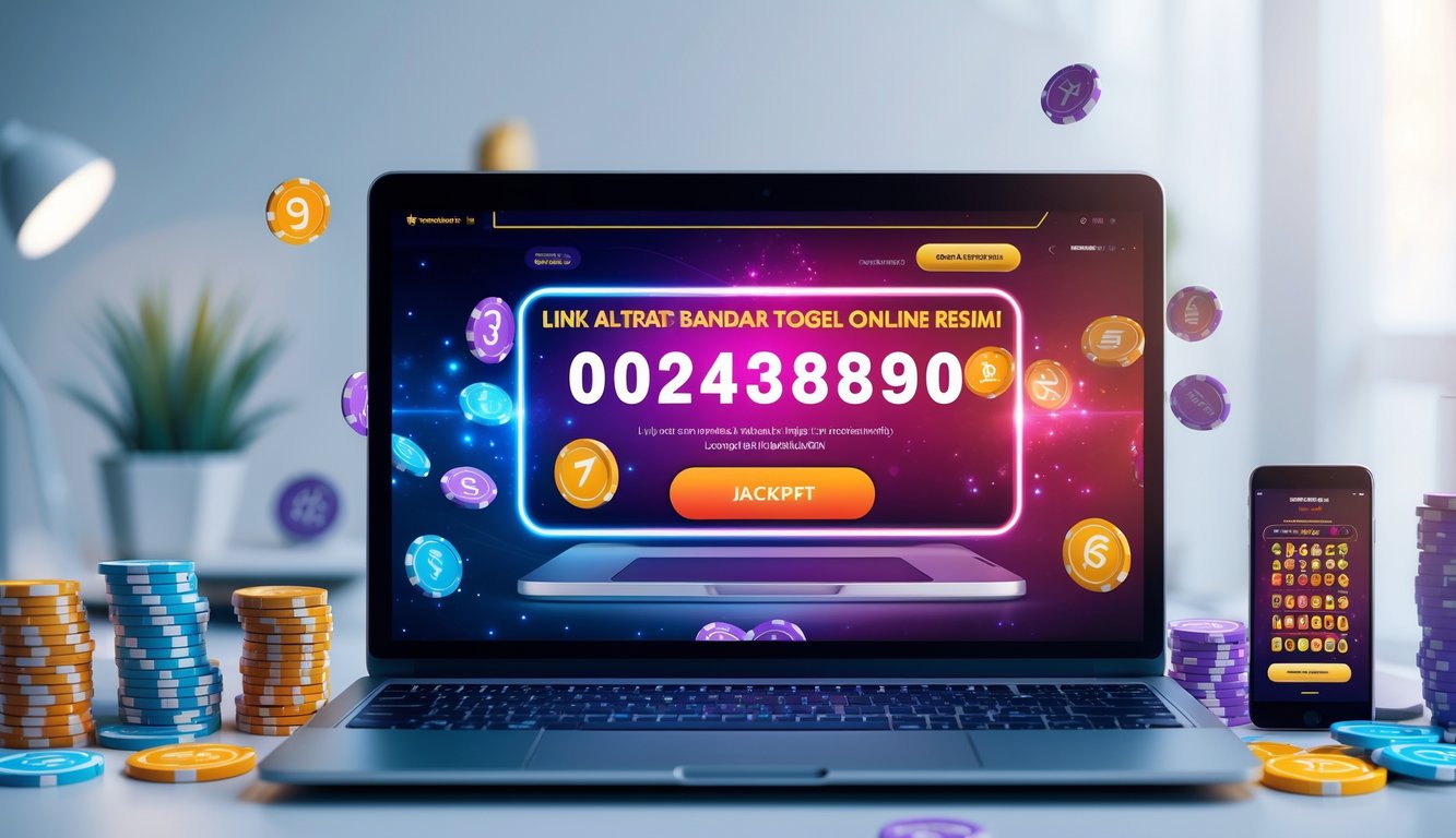 Sebuah laptop modern menampilkan antarmuka situs togel online dengan angka jackpot, dikelilingi token digital dan ponsel, menggambarkan platform togel resmi dengan jackpot besar.