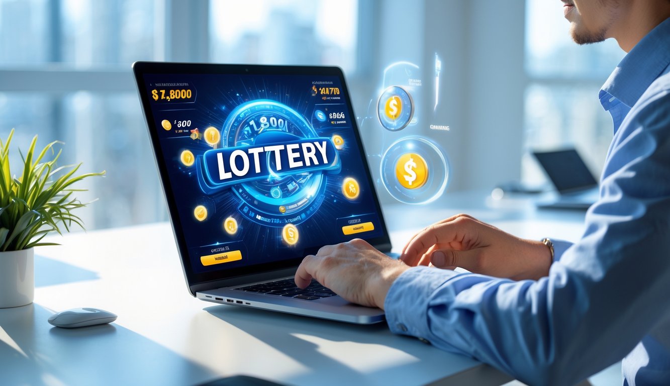 Seseorang menggunakan laptop di kantor modern dengan tampilan antarmuka permainan lotere online dan simbol jackpot besar.