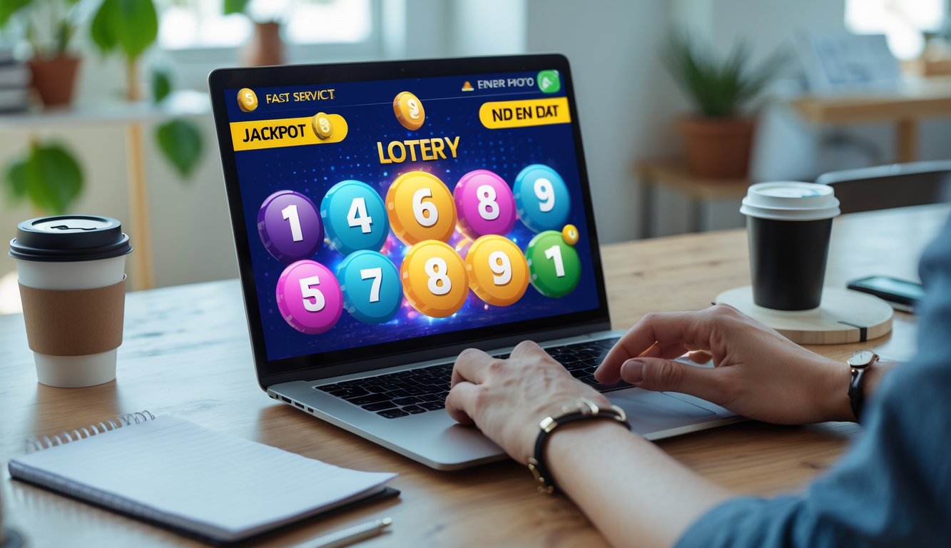 Seseorang menggunakan laptop di meja kerja dengan tampilan platform togel online dan suasana kantor yang rapi.