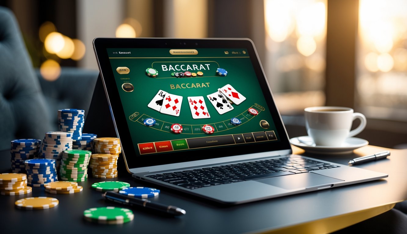 Sebuah laptop menampilkan permainan baccarat online dengan chip kasino di sekitarnya dan secangkir kopi di meja.