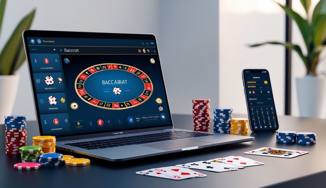 Sebuah meja dengan komputer menampilkan permainan baccarat online, dikelilingi oleh kartu remi dan chip kasino.