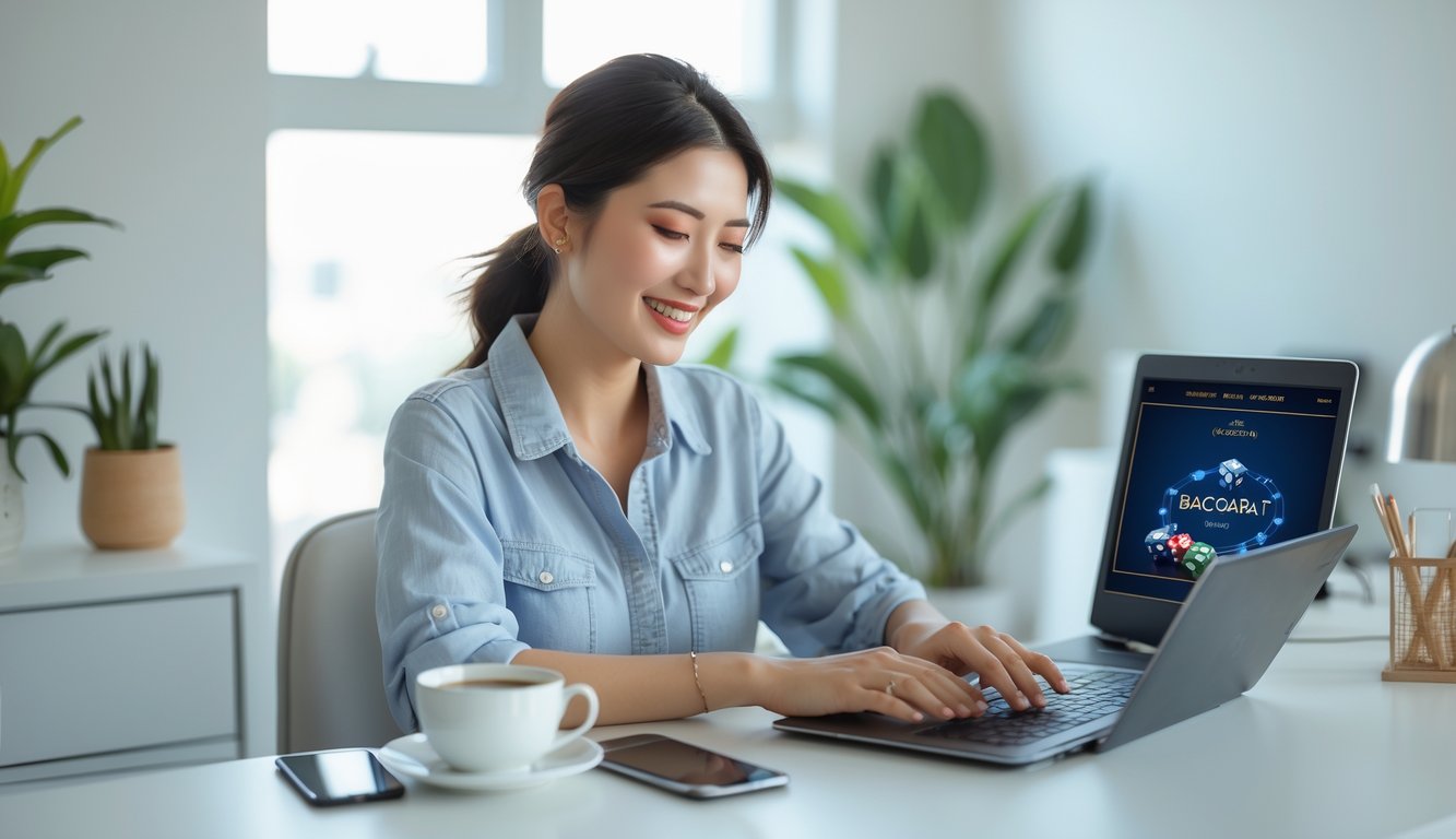 Seorang wanita muda duduk di meja dengan laptop, bermain baccarat online dengan fokus dan tersenyum di ruang kerja yang terang dan rapi.