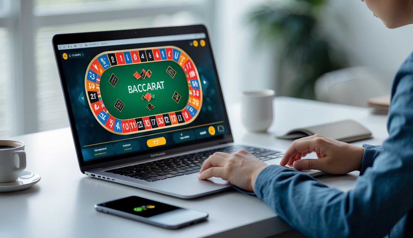 Seorang dewasa muda sedang belajar bermain baccarat online di laptop di ruang kerja yang rapi dan terang.