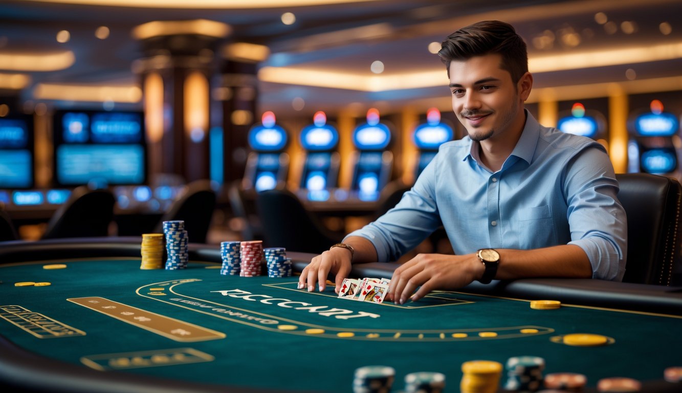 Seorang pria muda duduk di meja permainan baccarat dengan kartu dan chip, terlihat fokus dan percaya diri di sebuah kasino yang mewah.