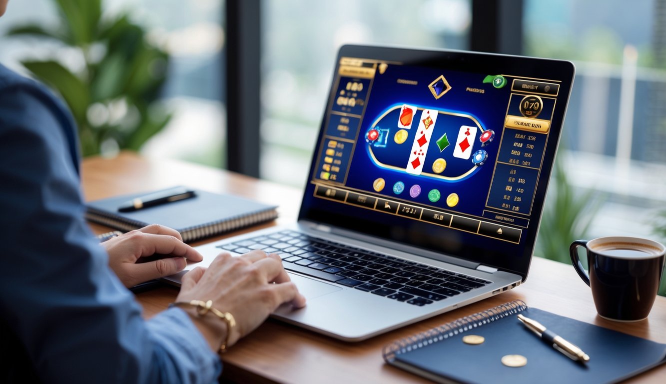 Seorang pemula belajar bermain baccarat online dengan laptop yang menampilkan permainan baccarat, di meja kerja dengan buku catatan dan cangkir kopi.