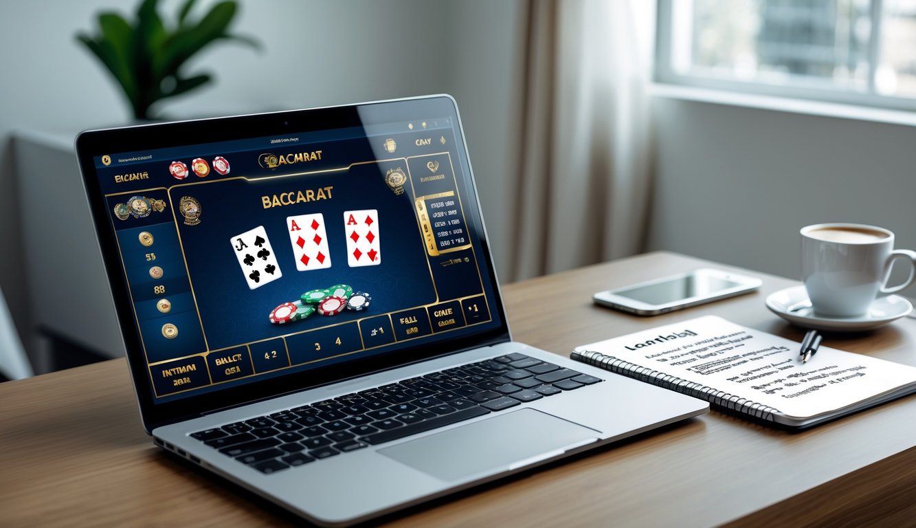 Seseorang belajar strategi permainan Baccarat online menggunakan laptop dan mencatat di buku catatan di ruang kerja yang terang dan rapi.
