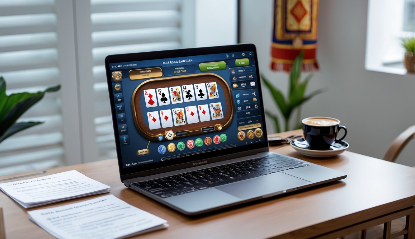 Seorang pemula sedang belajar bermain baccarat online di depan komputer dengan kartu dan chip taruhan di meja, di ruang belajar yang rapi dengan elemen budaya Indonesia.