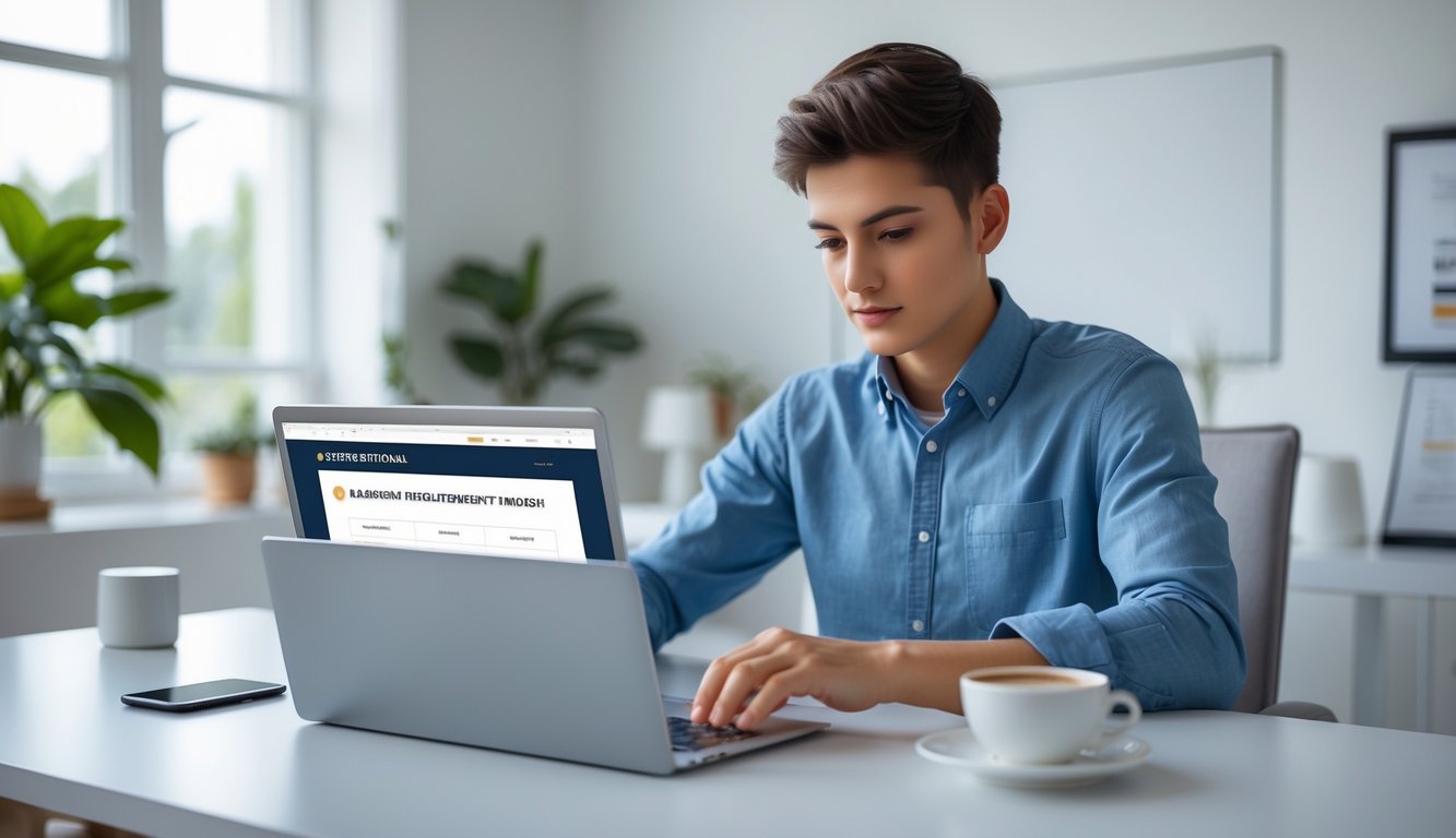Seseorang duduk di meja dengan laptop, belajar cara mendaftar di situs baccarat online yang resmi dan aman.