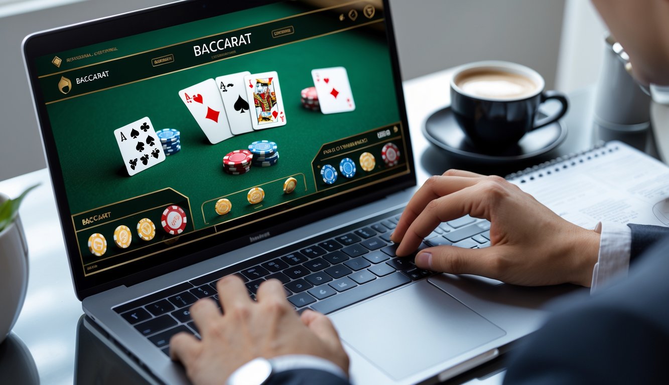 Seorang pengguna sedang mengetik di laptop dengan tampilan permainan baccarat online di layar, di meja terdapat kopi dan buku catatan.