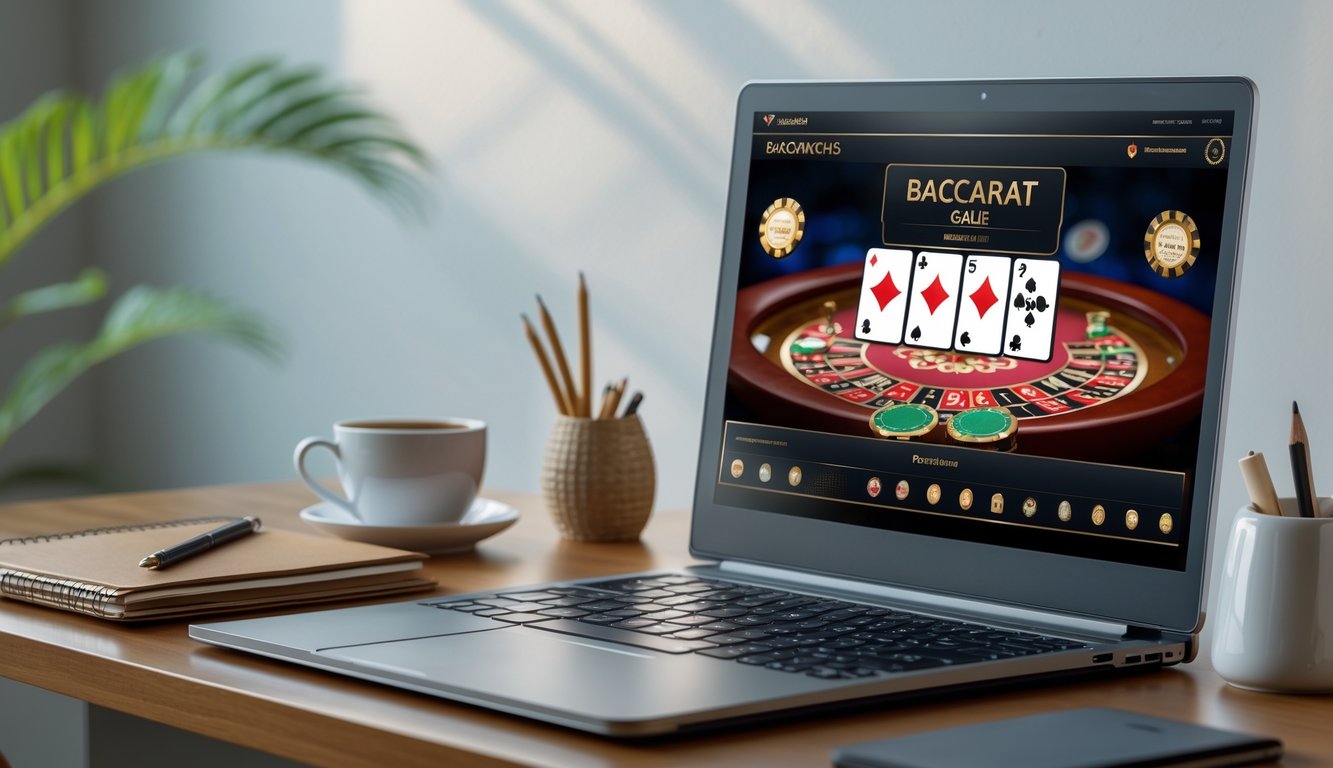 Seseorang sedang bermain baccarat online di komputer dengan kartu dan chip terlihat di layar, di meja terdapat buku catatan dan kopi.
