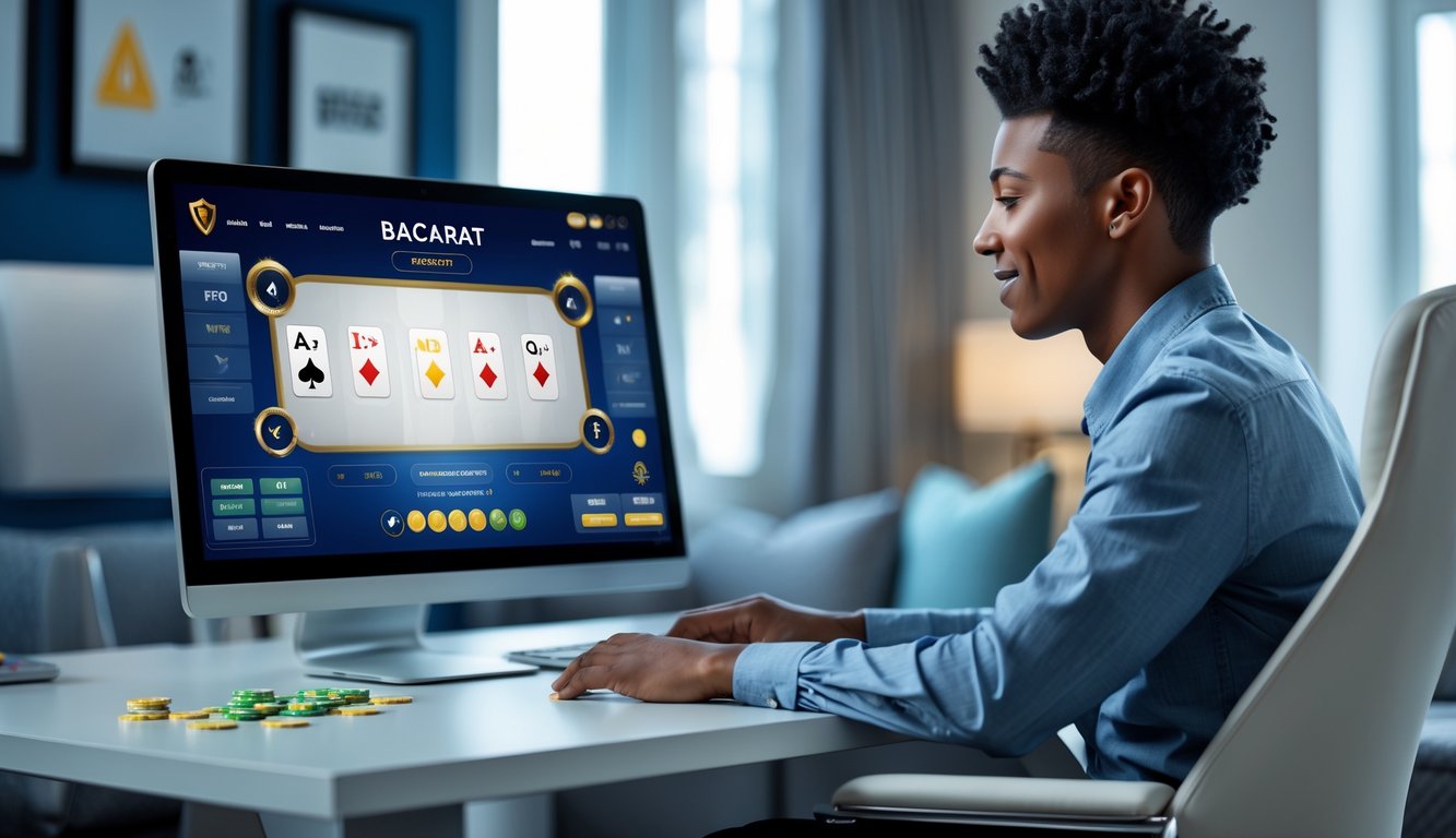 Seorang pemain muda sedang bermain baccarat online di komputer di ruang tamu yang terang dan nyaman.