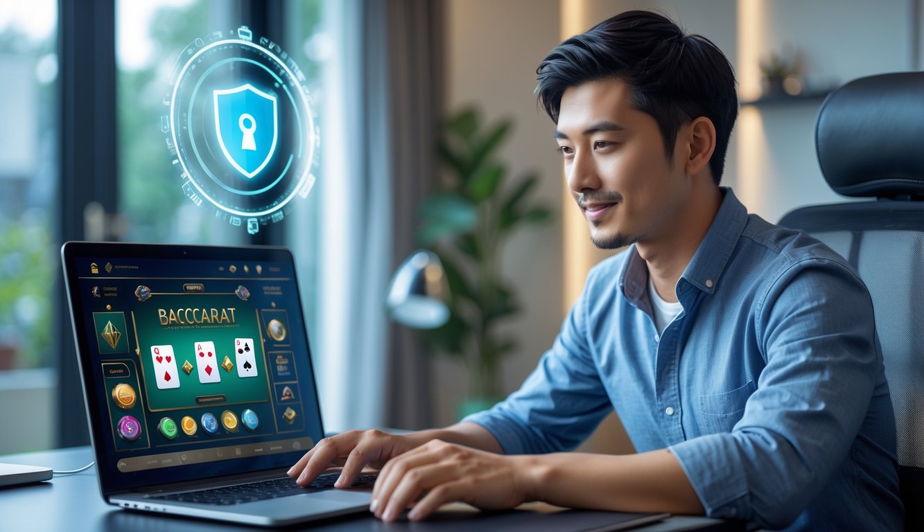 Seorang pria muda duduk di depan laptop di ruang kerja rumah, fokus pada permainan baccarat online dengan elemen keamanan digital di latar belakang.